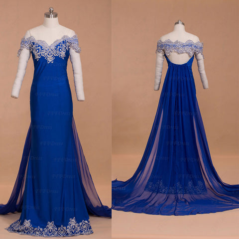 Off the shoulder royal blue mermaid prom dresses long with train