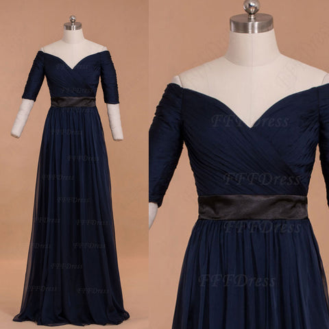 Modest Navy Blue Off the Shoulder Mother of the Bride Dresses with Sleeves