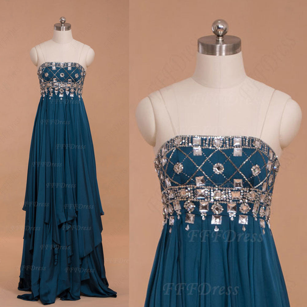Teal Crystal prom dresses long with overlays