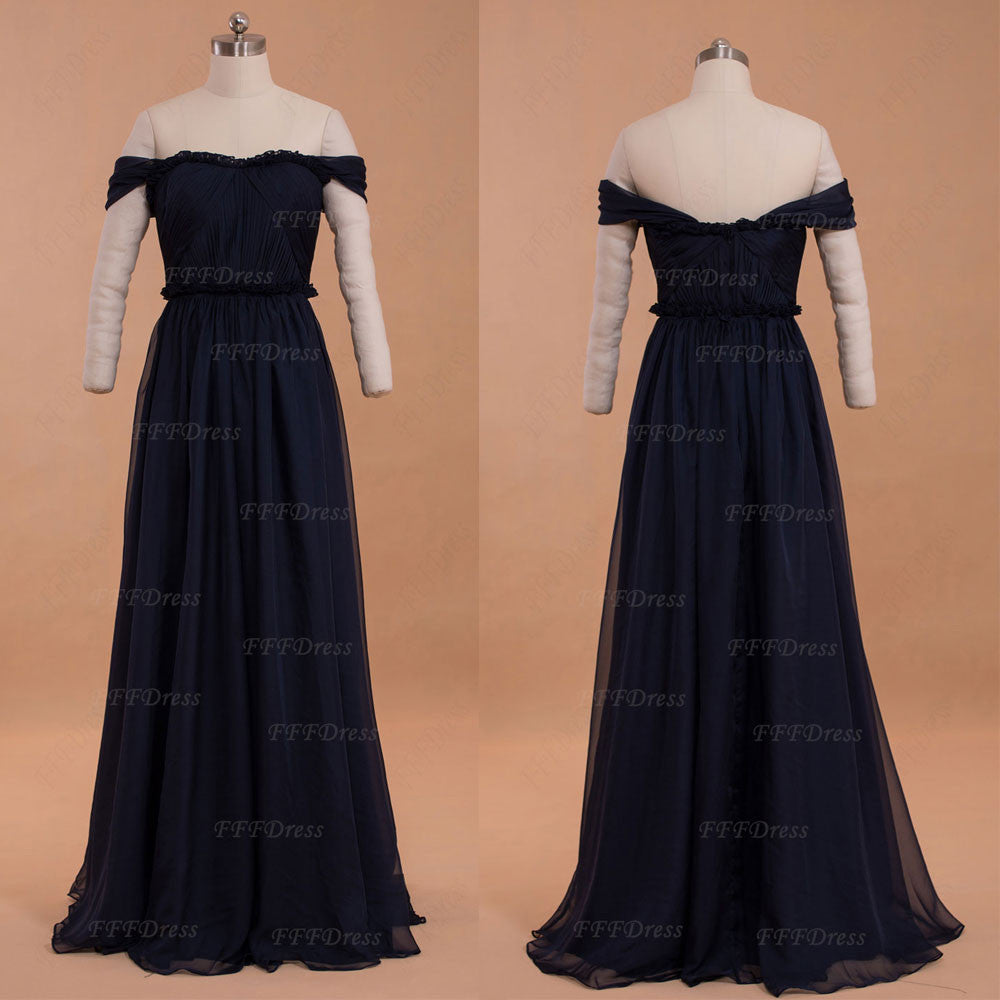Dark navy blue off the shoulder prom dresses formal dresses with ruffles