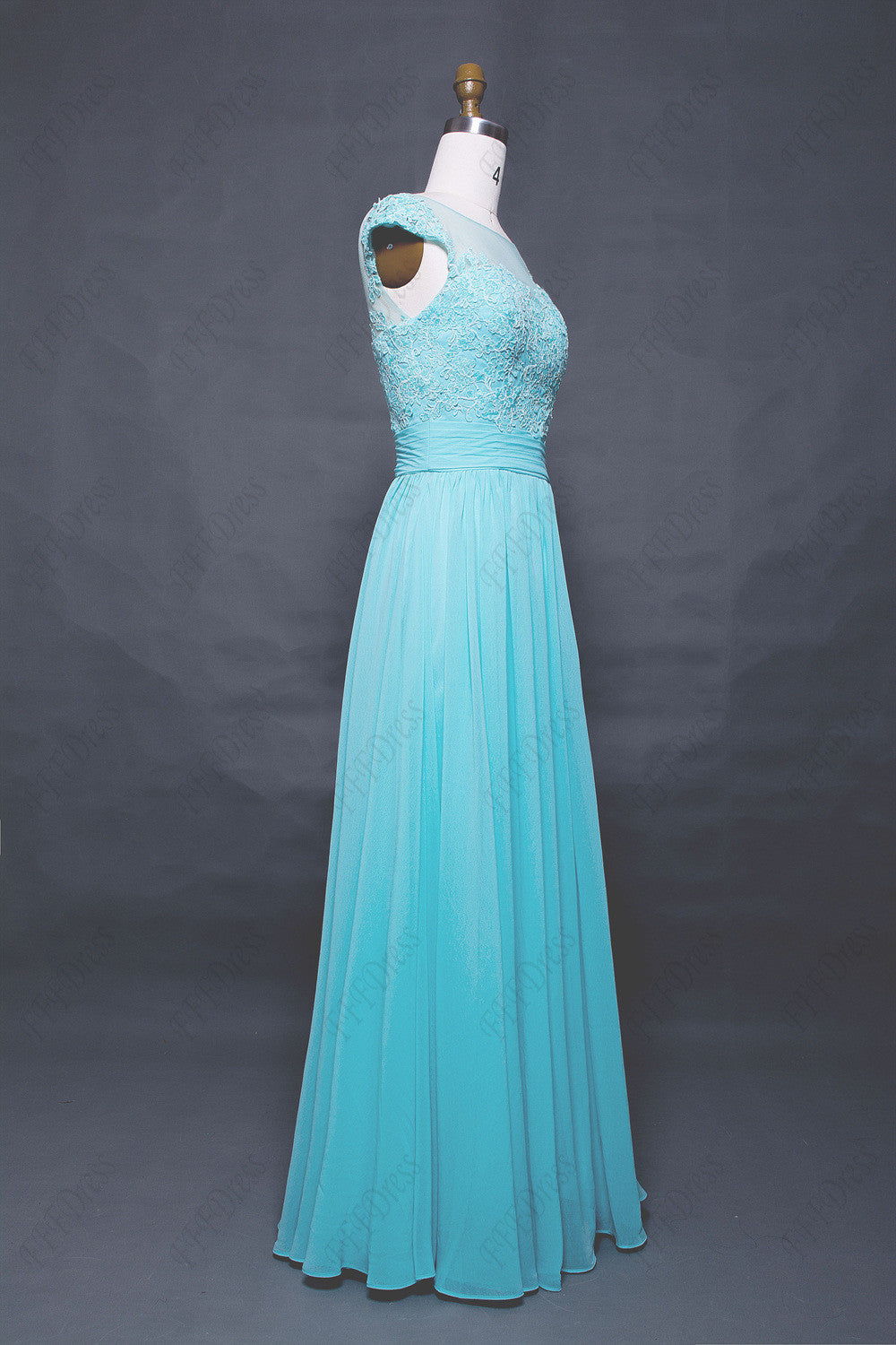 Light aqua blue long prom dresses cap sleeves