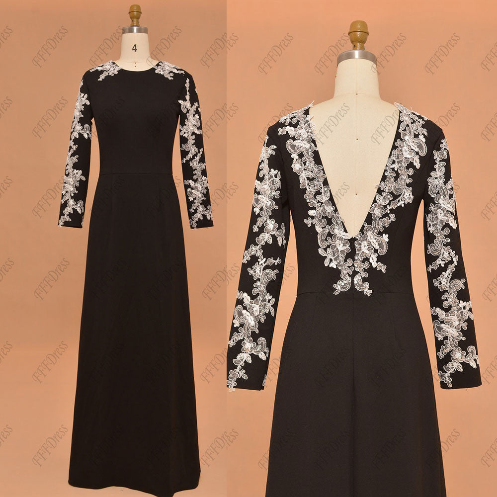 Long sleeves black prom dress with sparkly white lace