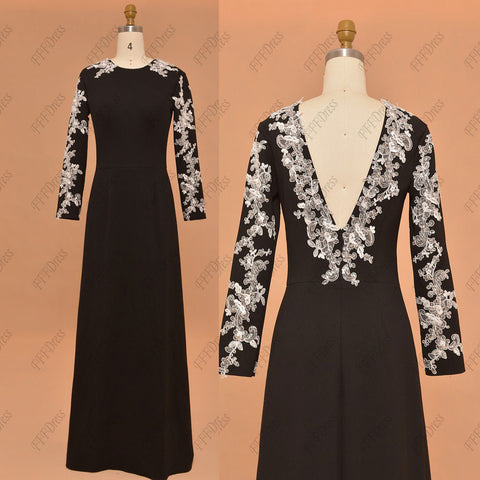 Long sleeves black prom dress with sparkly white lace