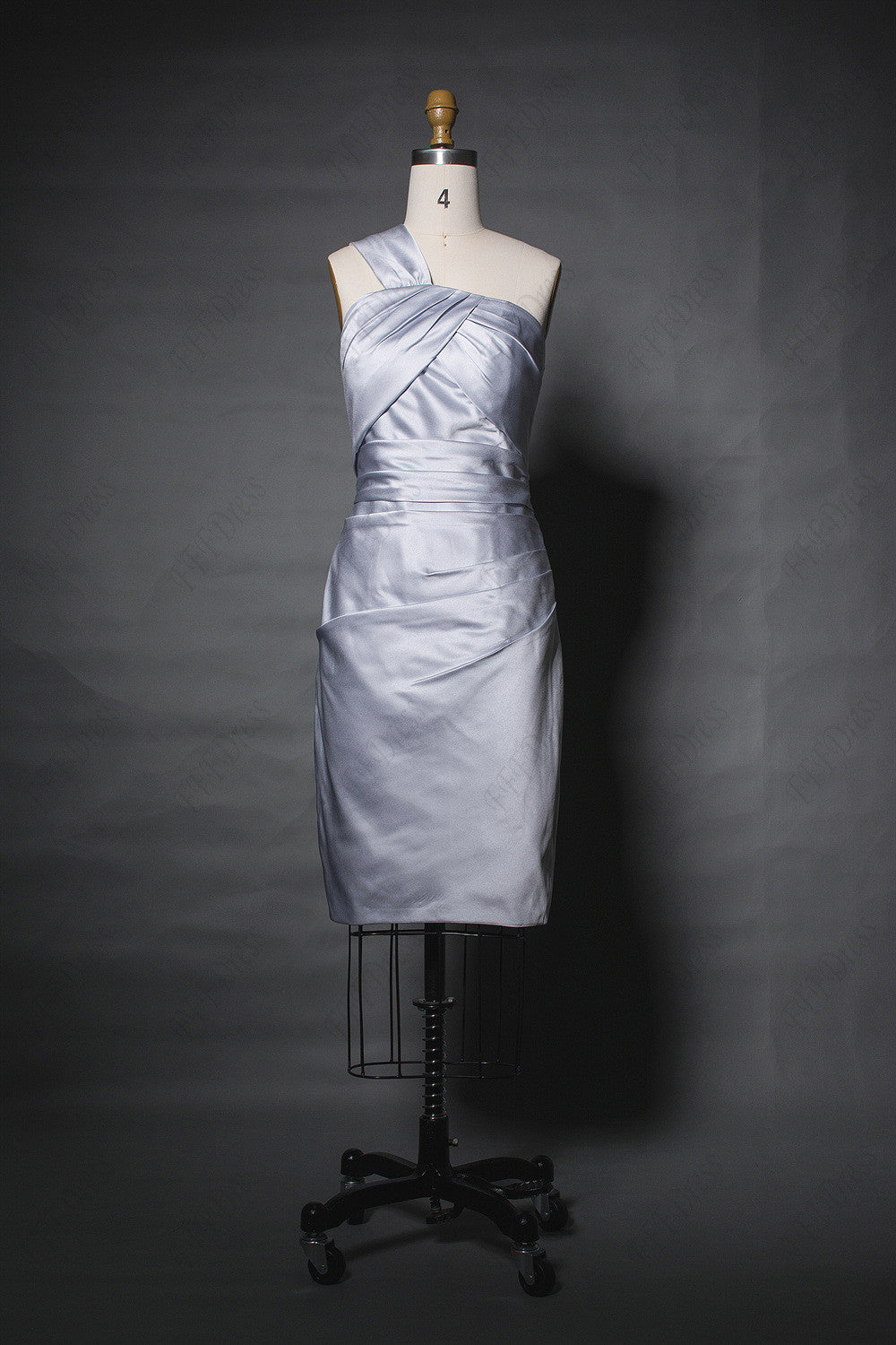 One shoulder silver bridesmaid dress knee length