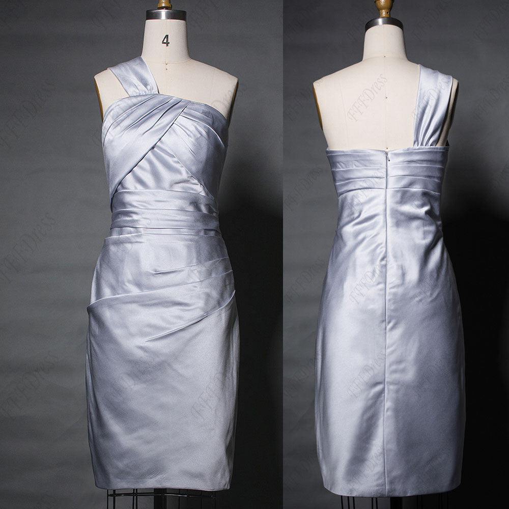 One shoulder silver bridesmaid dress knee length