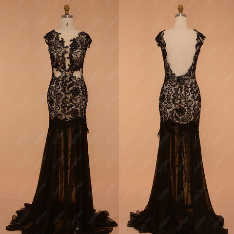 Black lace backless prom dresses with slit
