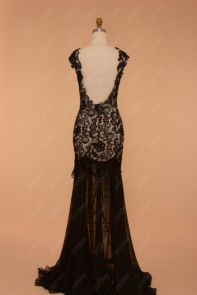 Black lace backless prom dresses with slit