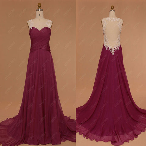 Berry color backless prom dresses long with beaded white lace