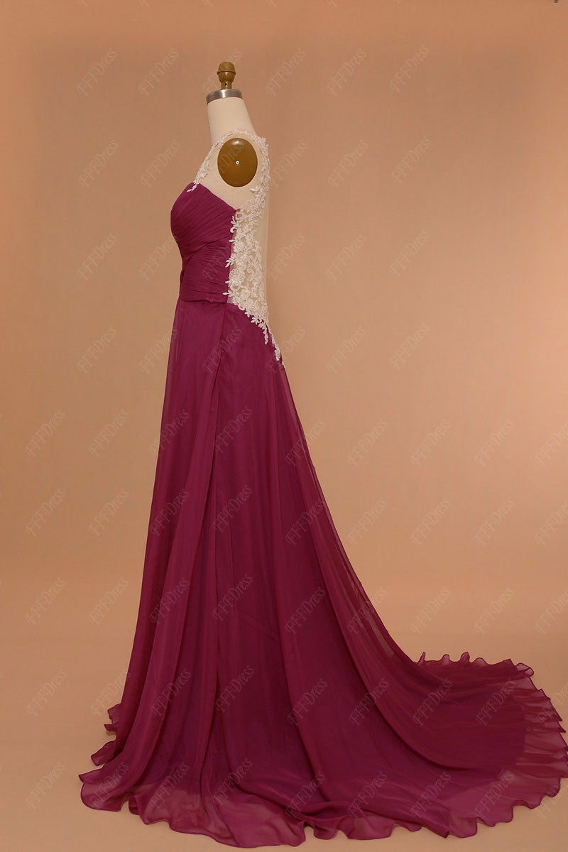 Berry color backless prom dresses long with beaded white lace