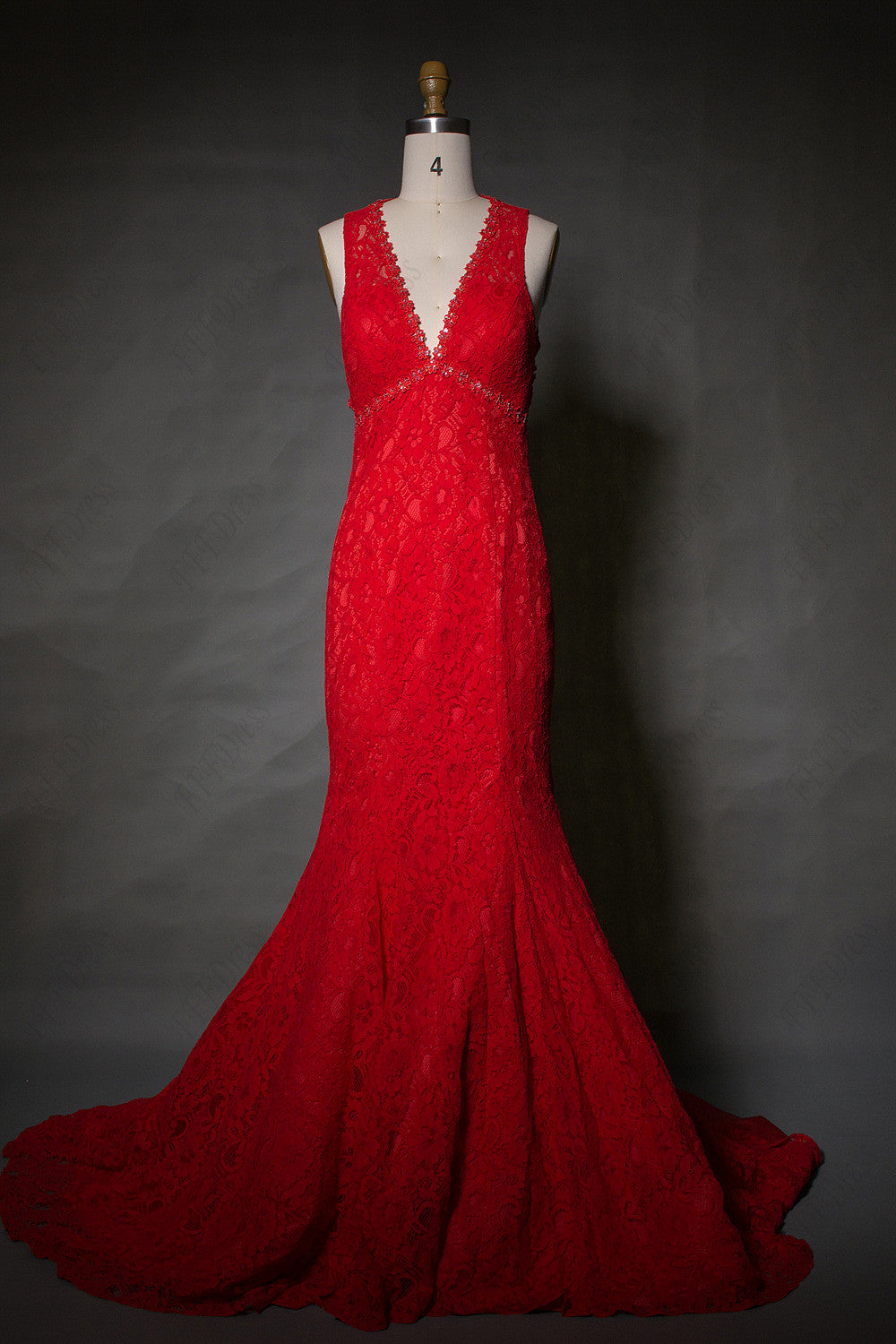 Red Mermaid Lace Backless Prom Dress long with train