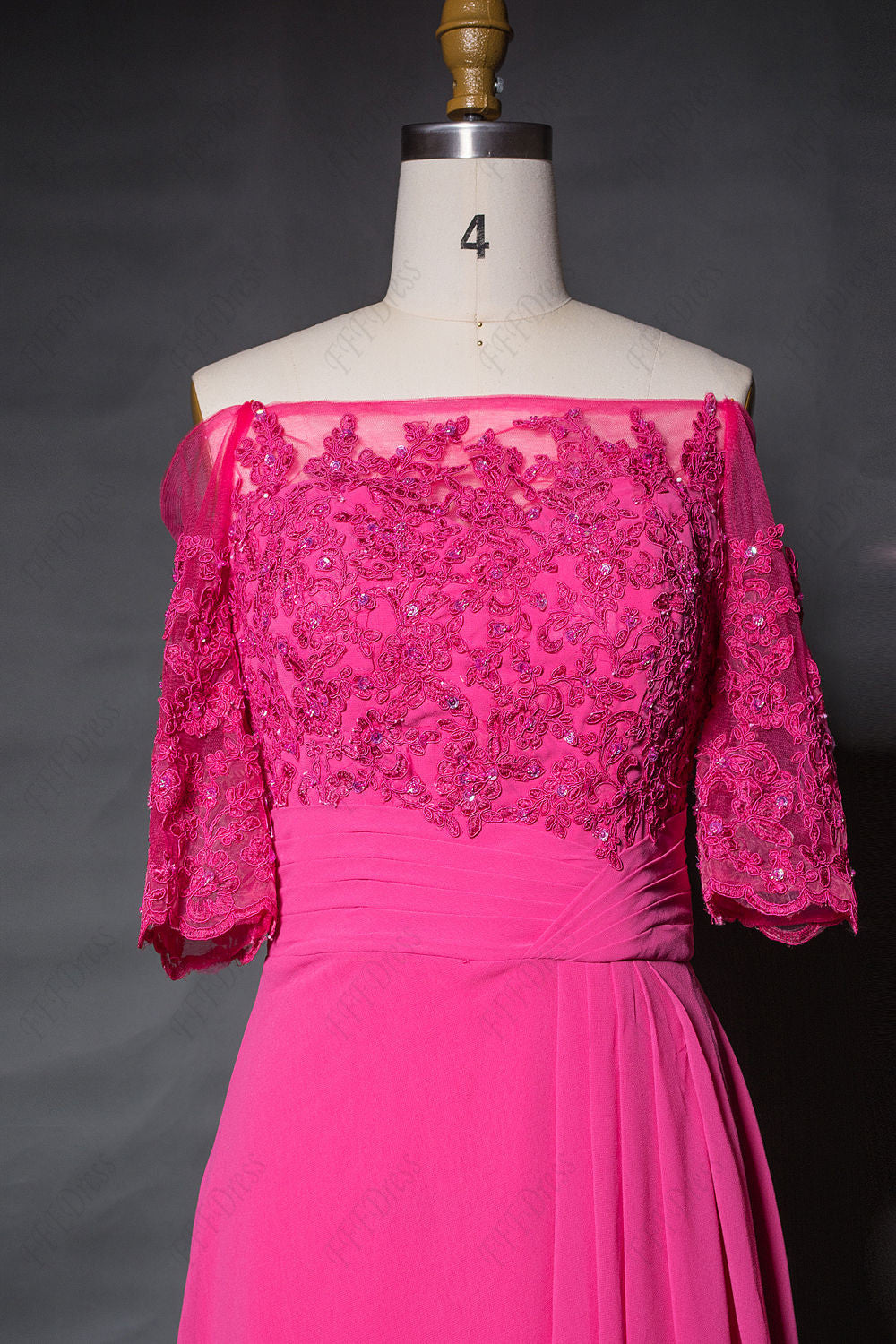 Off the shoulder fuchsia bridesmaid dress with sleeves