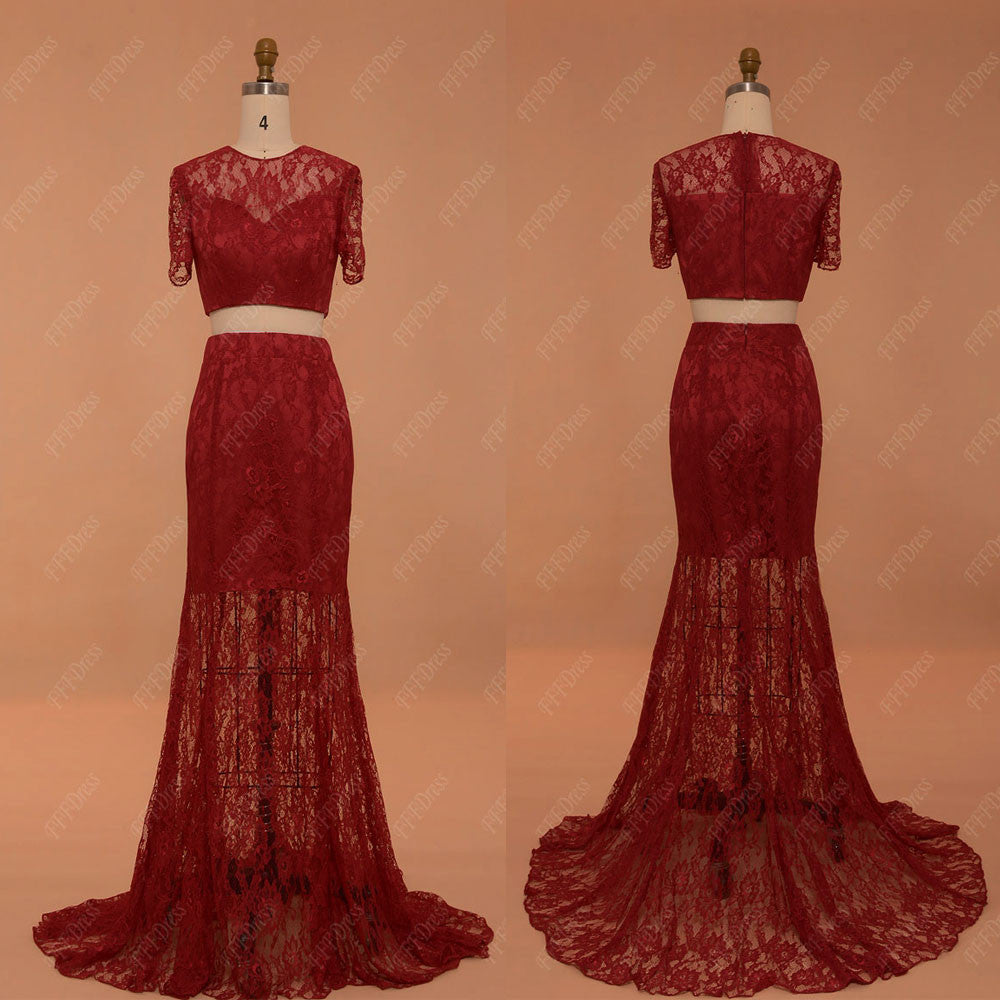 2 pieces burgundy lace mermaid prom dress with sleeves two piece pageant dress