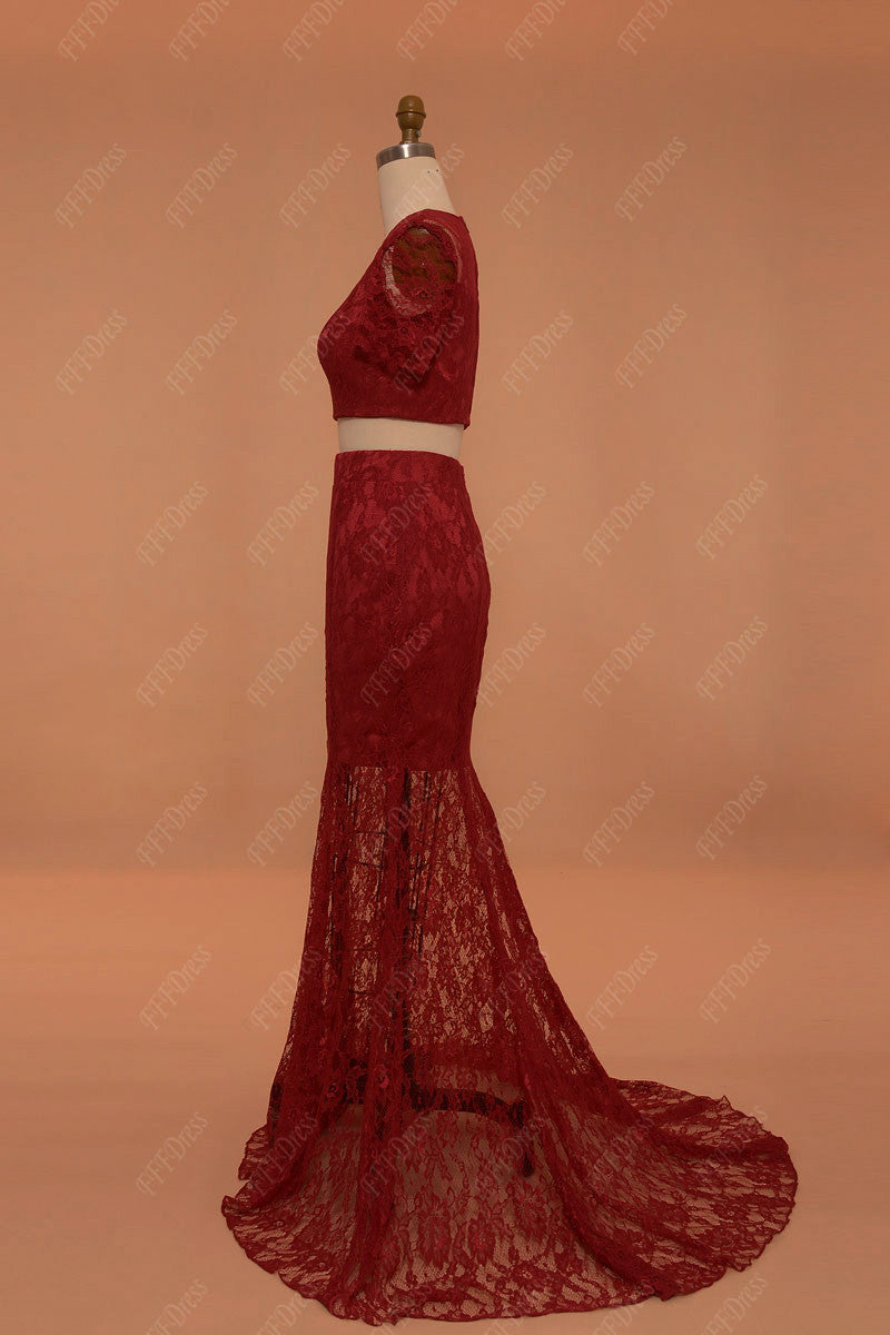 two piece burgundy prom dresses with sleeves