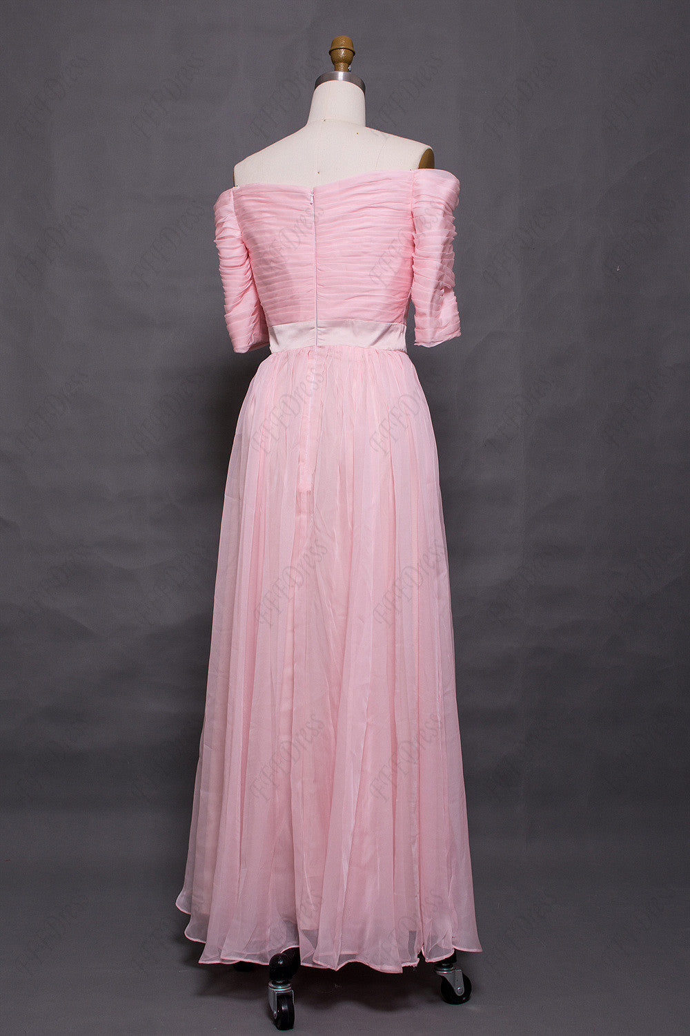 Pink modest prom dress with sleeves vintage off the shoulder evening dress