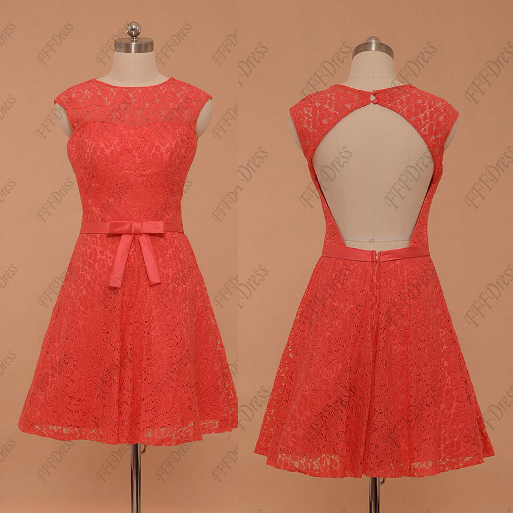 Coral lace backless prom dresses short