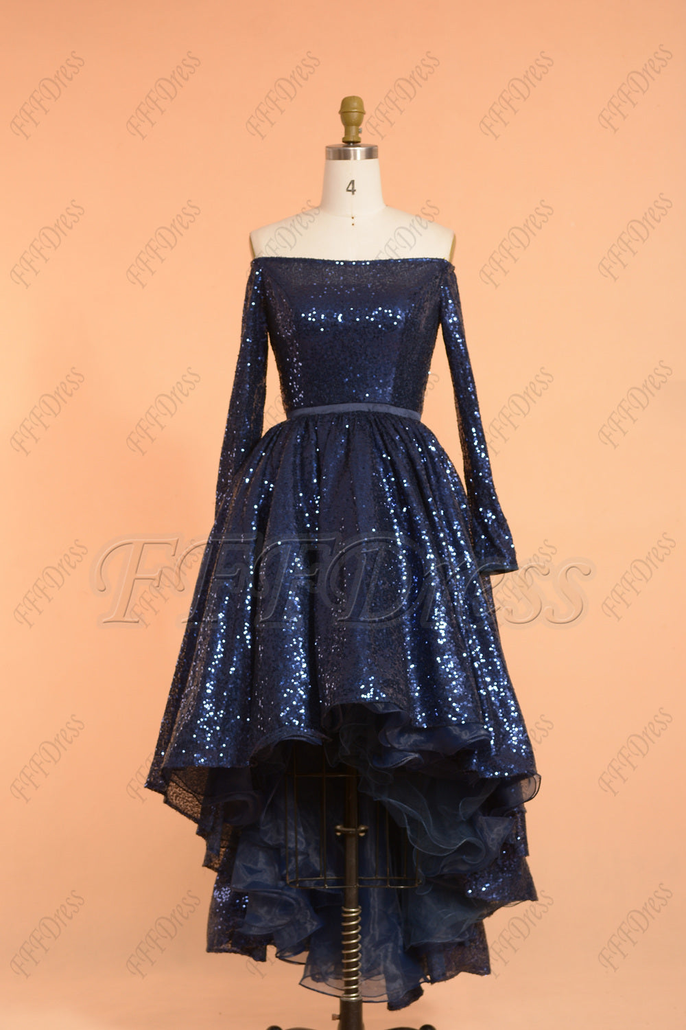 Sparkle navy blue high low prom dresses long sleeves