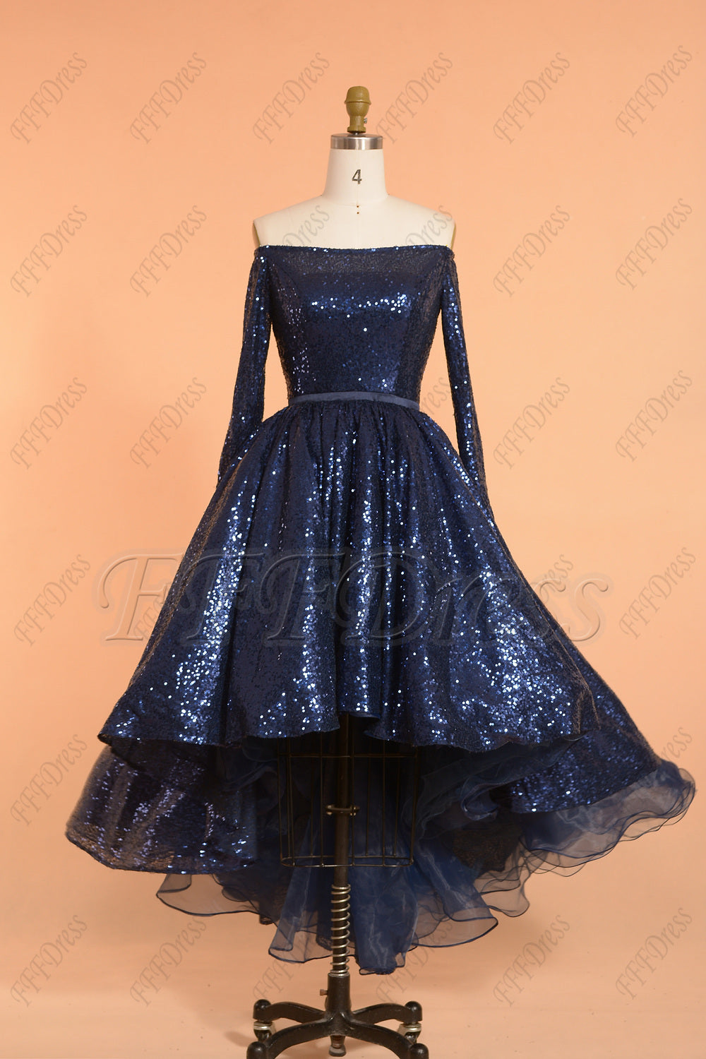 Sparkle navy blue high low prom dresses long sleeves