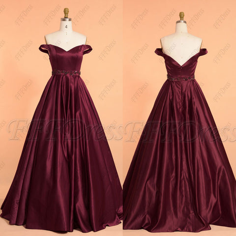 Burgundy off the shoulder ball gown beaded prom dresses long
