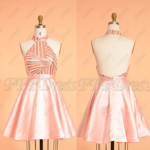 Pink backless sparkle sequin short prom dresses homecoming dresses