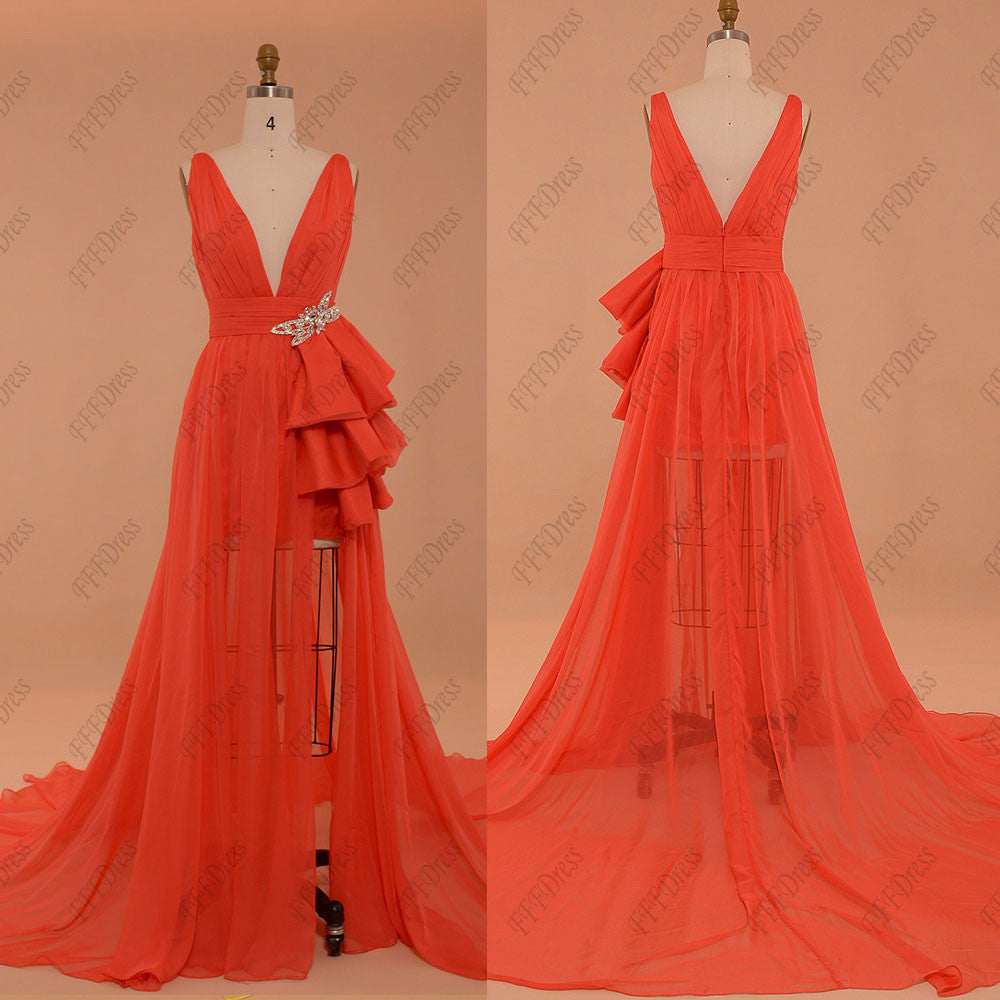 Coral sparkly long prom dresses with short lining