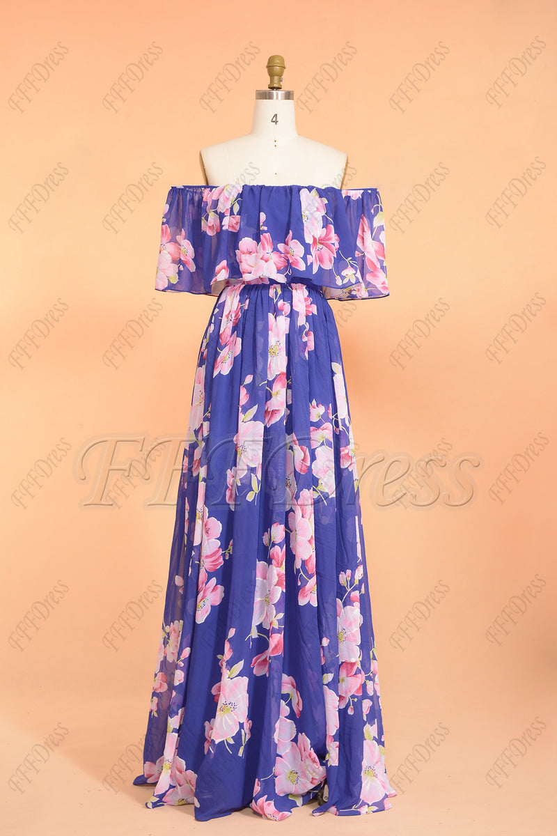 Royal blue floral boho bridesmaid dresses off the shoulder – FFFDress