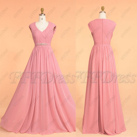 Pencil eraser pink modest bridesmaid dresses beaded long