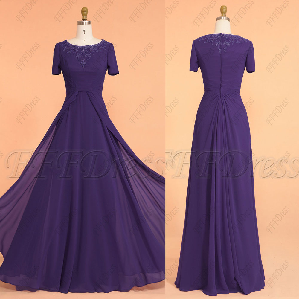 Dark purple modest beaded prom dresses short sleeves maid of honor dresses