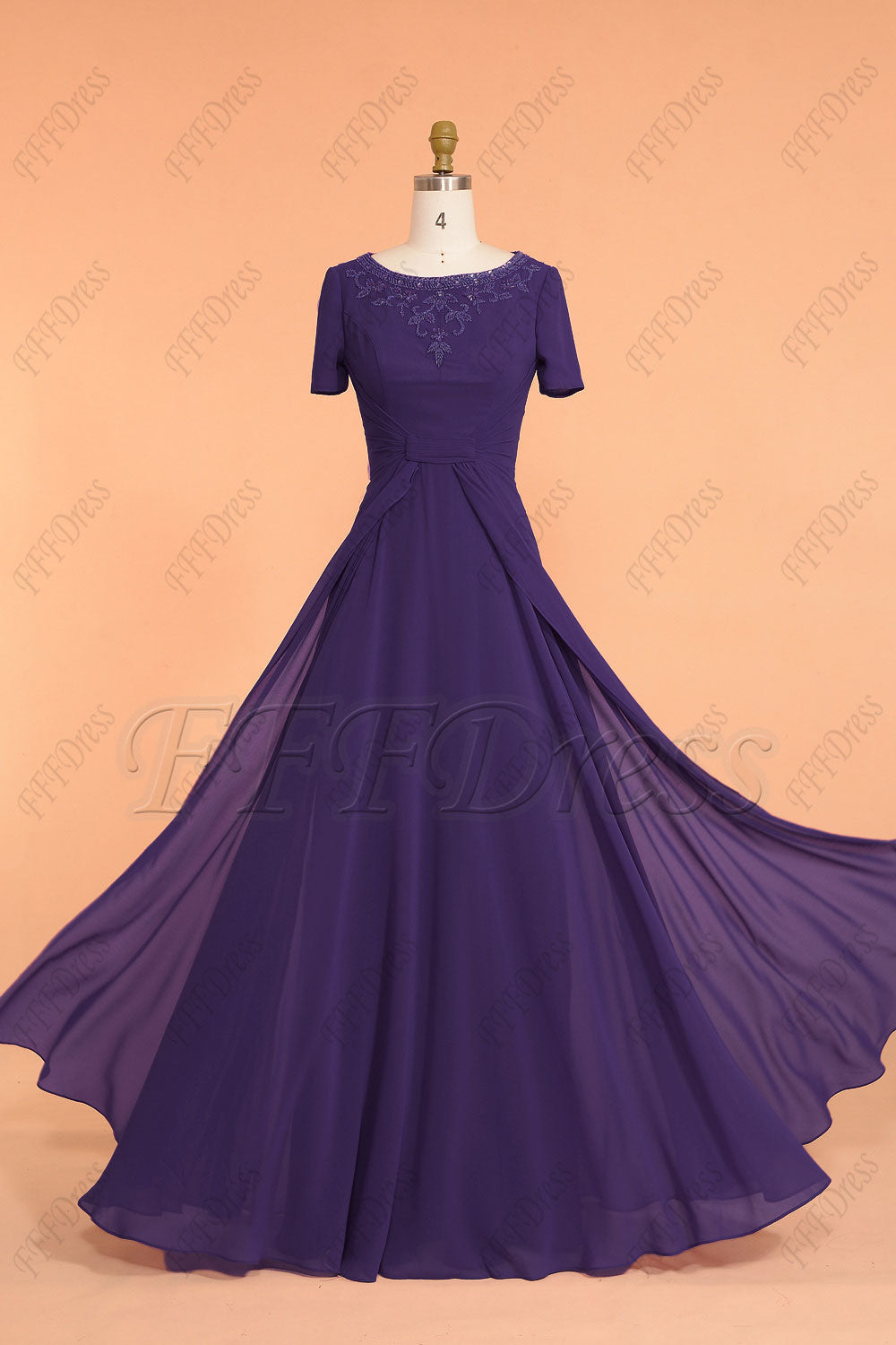 Dark purple modest beaded prom dresses short sleeves maid of honor dresses