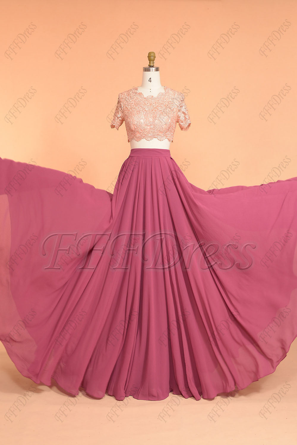 Two piece Peach and berry mix and match prom dresses with sleeves