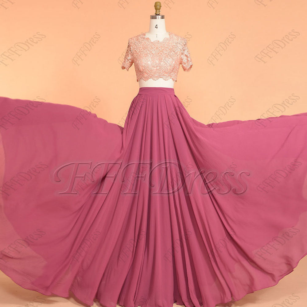 Two piece Peach and berry mix and match prom dresses with sleeves