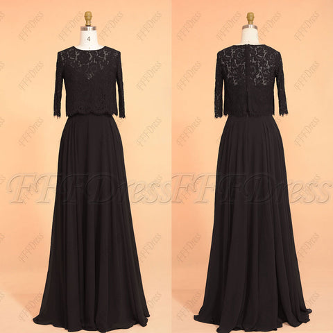 Black modest formal evening dresses with sleeves lace bolero