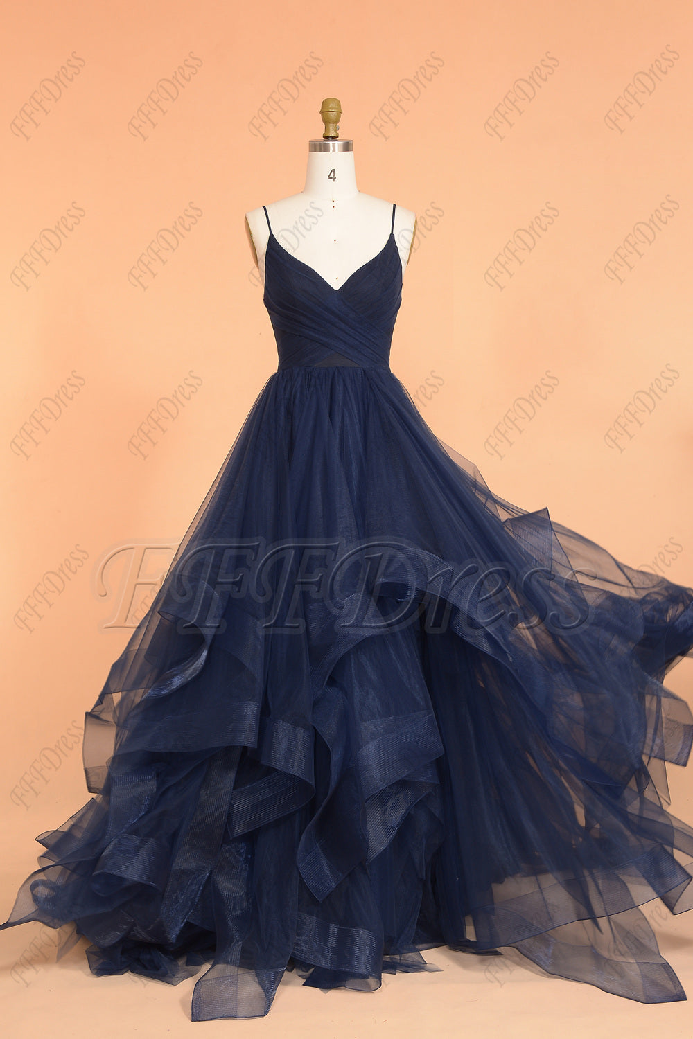 Navy blue spaghetti straps V neck long prom dress with layered trim