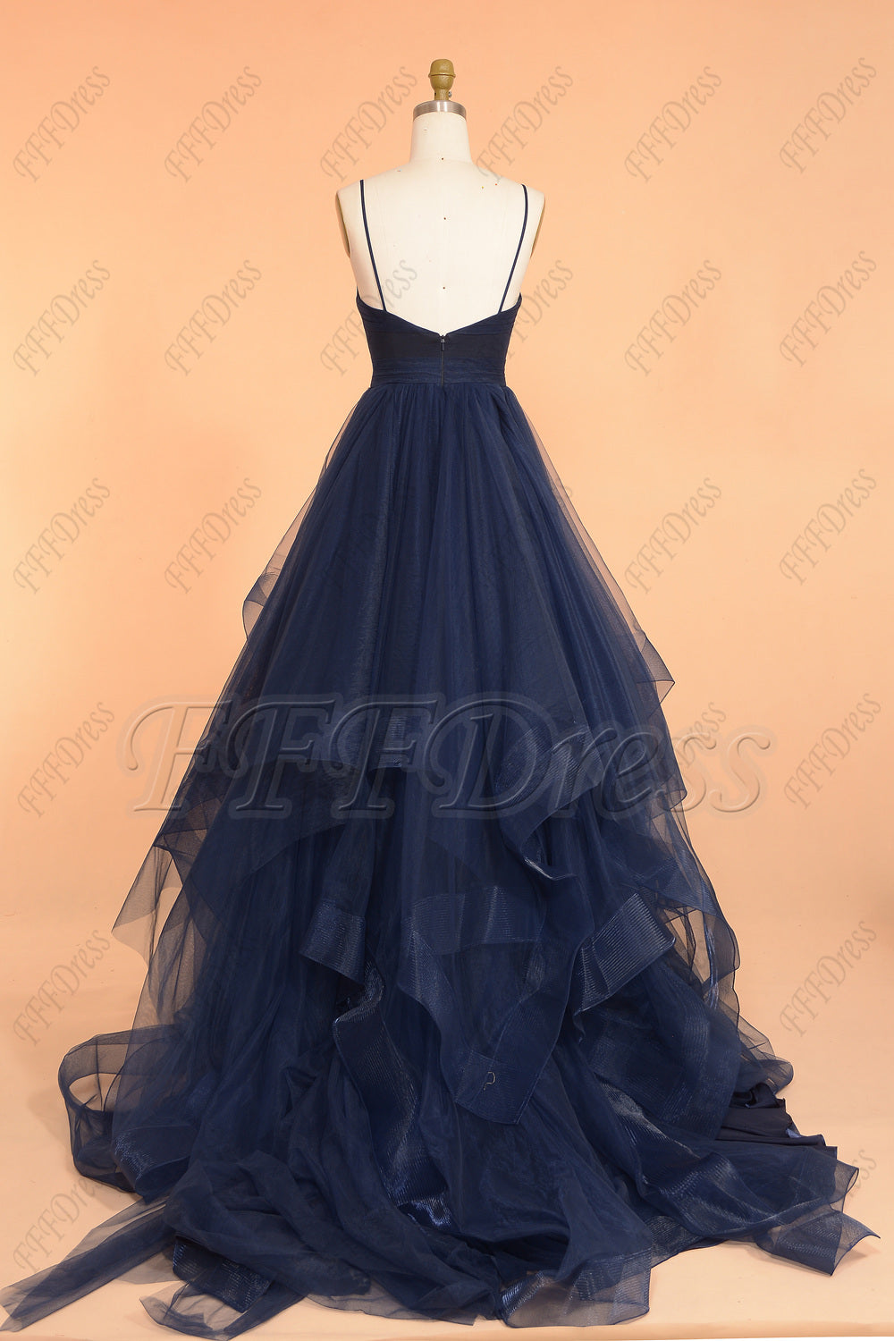 Navy blue spaghetti straps V neck long prom dress with layered trim