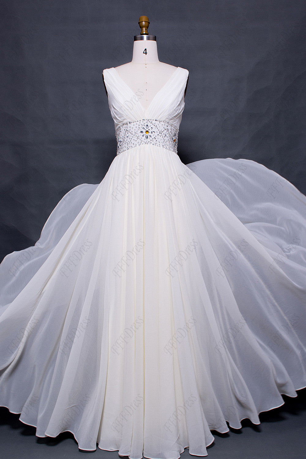 V Neck Crystals beaded white prom dresses long