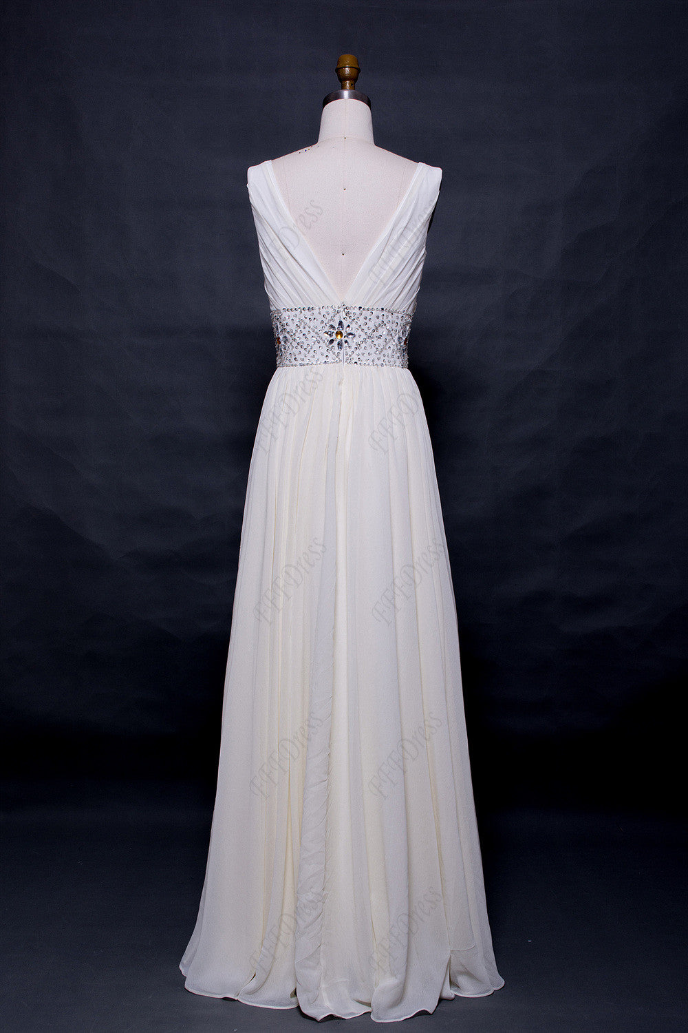 V Neck Crystals beaded white prom dresses long
