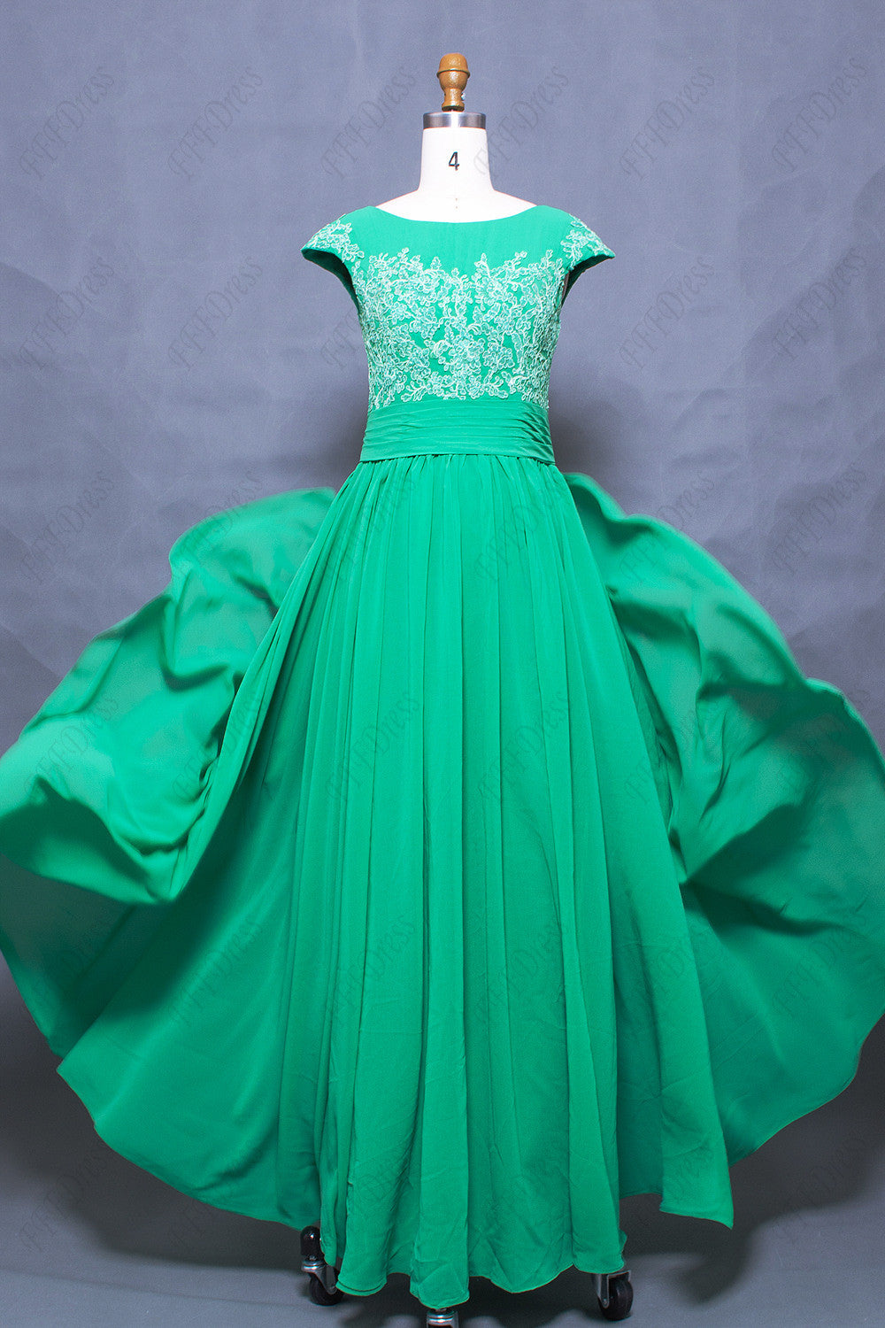 Green modest prom dresses long with cao sleeves