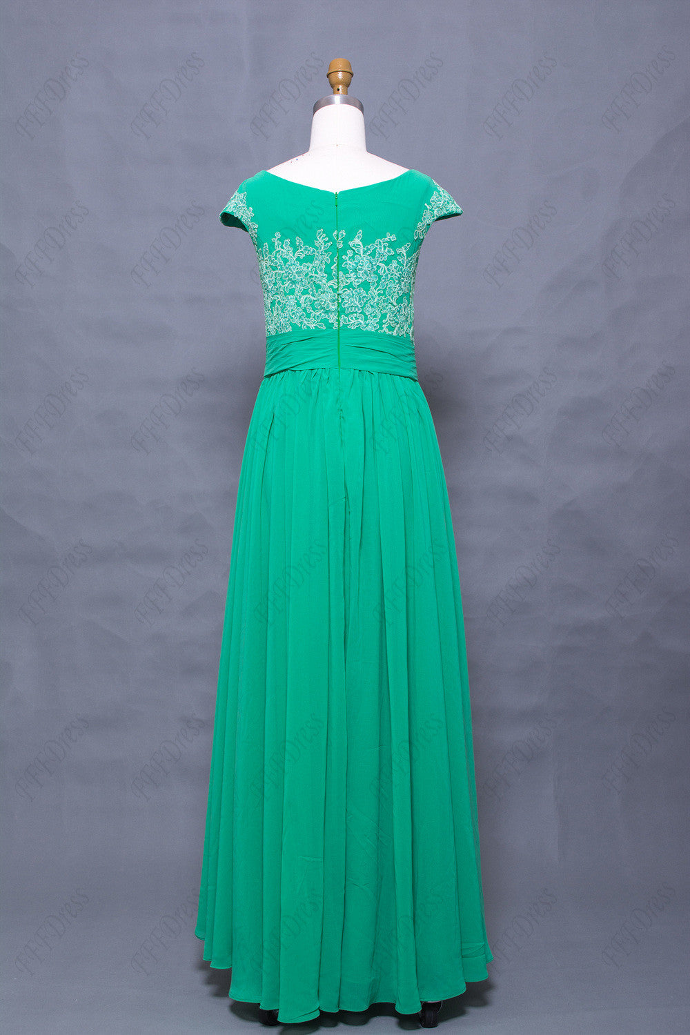 Green modest prom dresses long with cao sleeves
