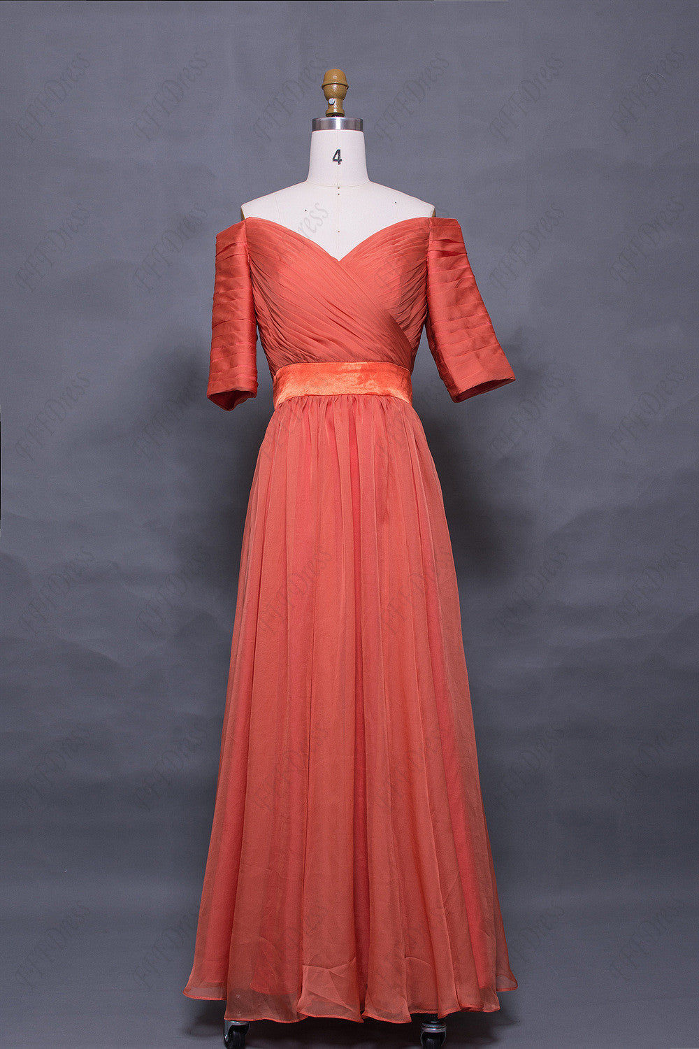 off the shoulder Burnt orange evening dress with sleeves formal dress