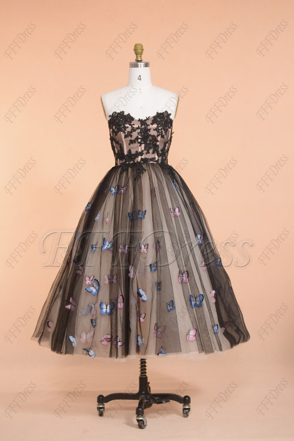 Ball gown black prom dresses with butterfly embroidery tea length