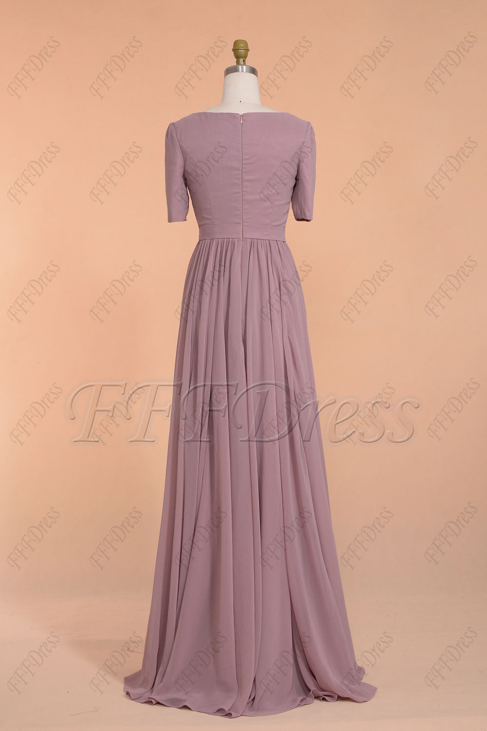 Dusty rose beaded modest slitted bridesmaid dress with sleeves