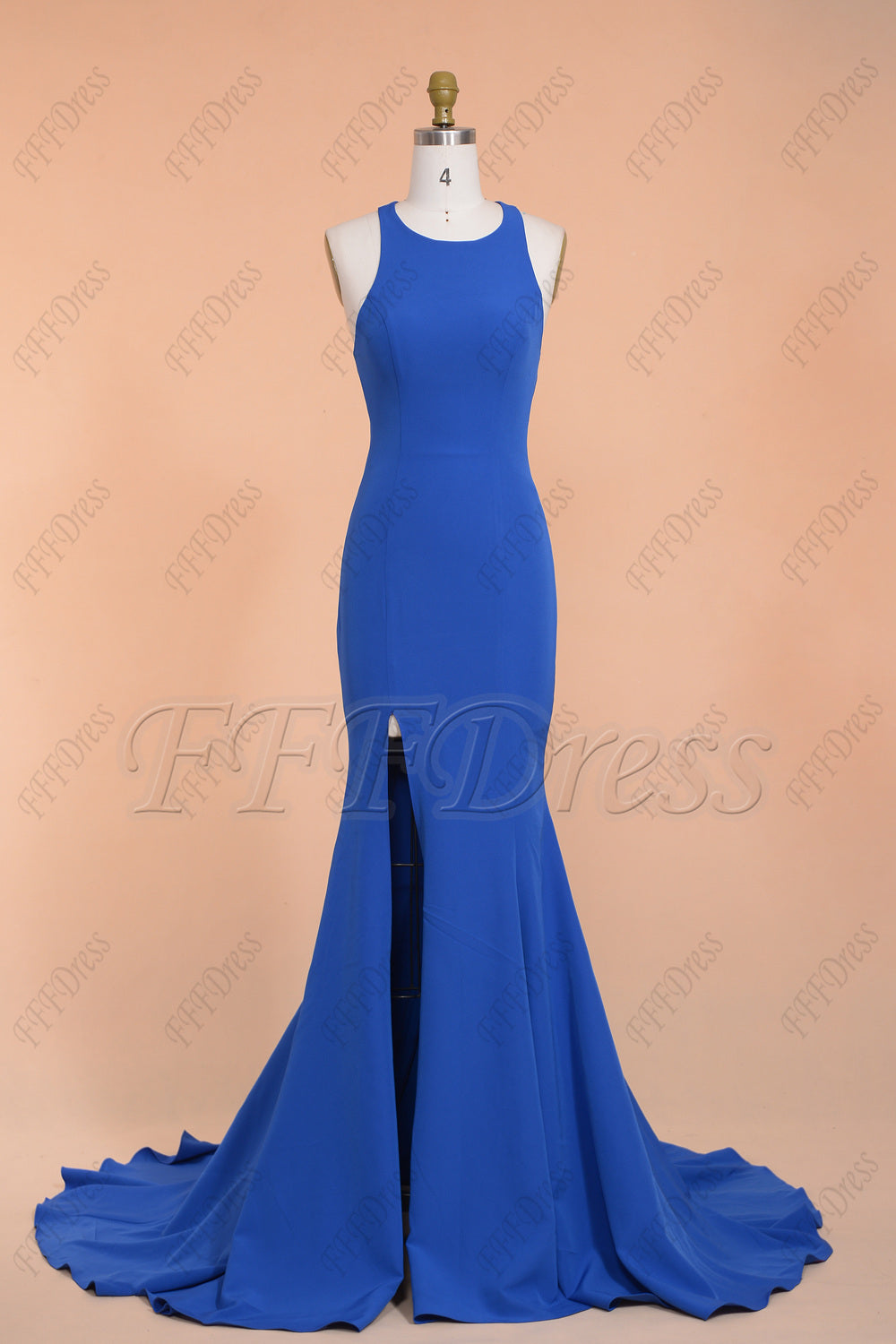Sapphire blue mermaid long prom dresses with slit cut out