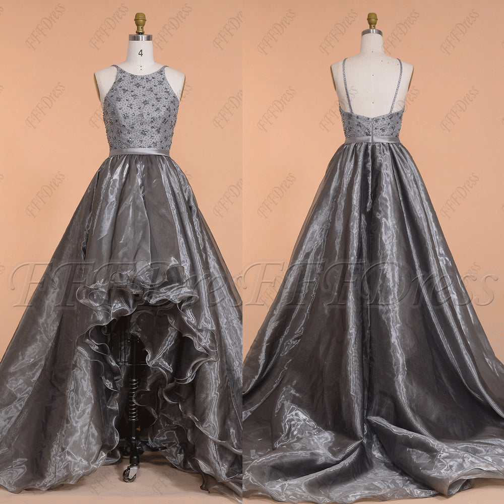 Grey sparkle beaded backless prom dresses high low
