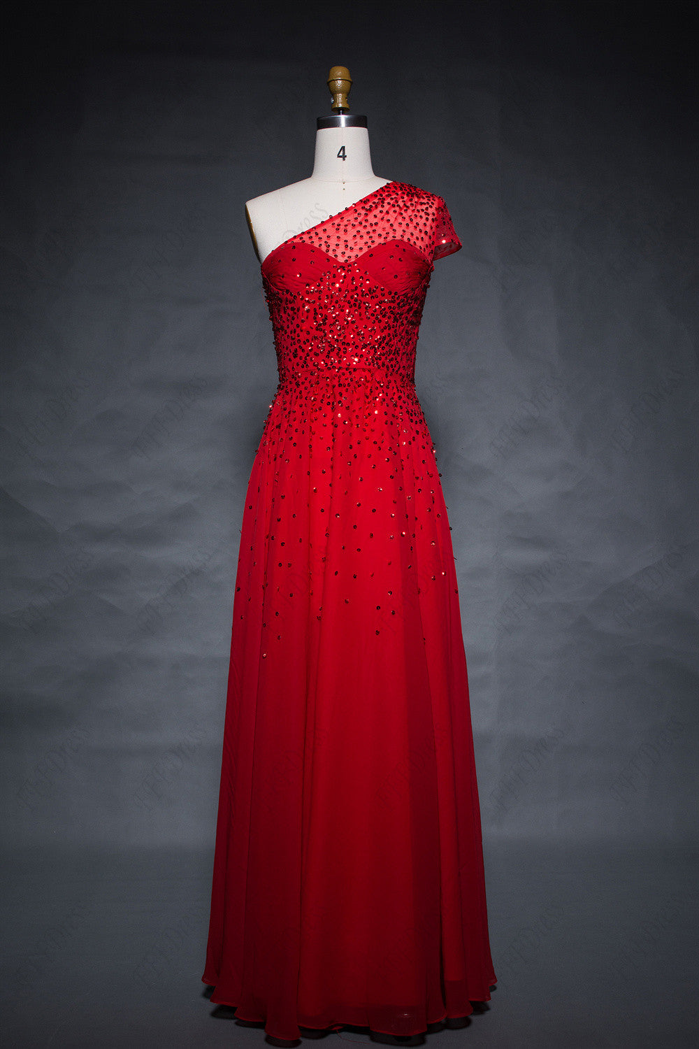 One shoulder red chiffon flowy prom dresses with hand beadings