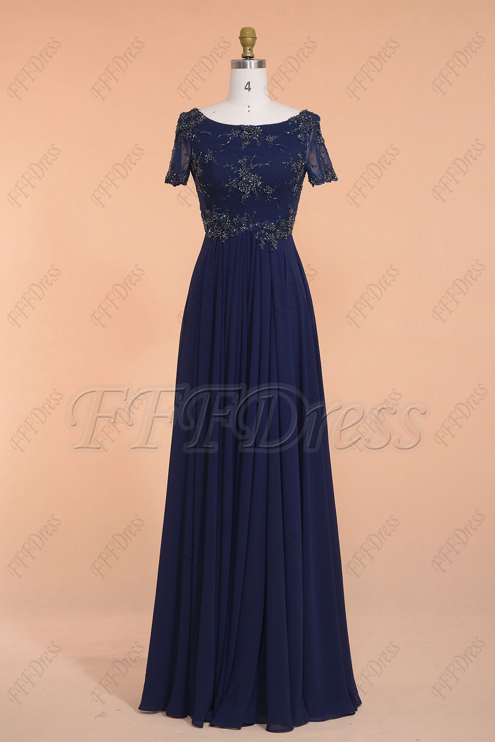 Navy blue modest beaded prom dresses long with sleeves