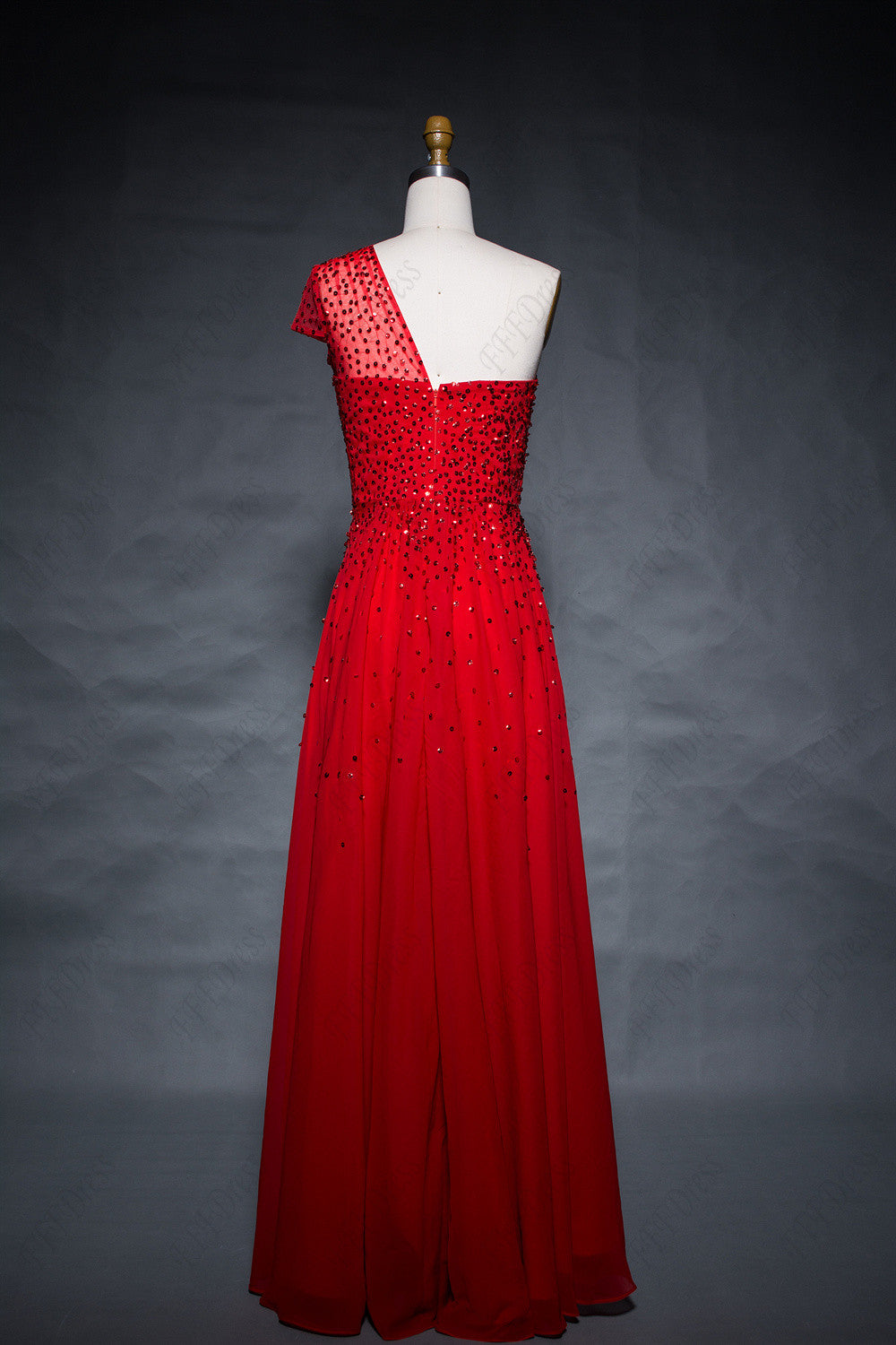 One shoulder red chiffon flowy prom dresses with hand beadings