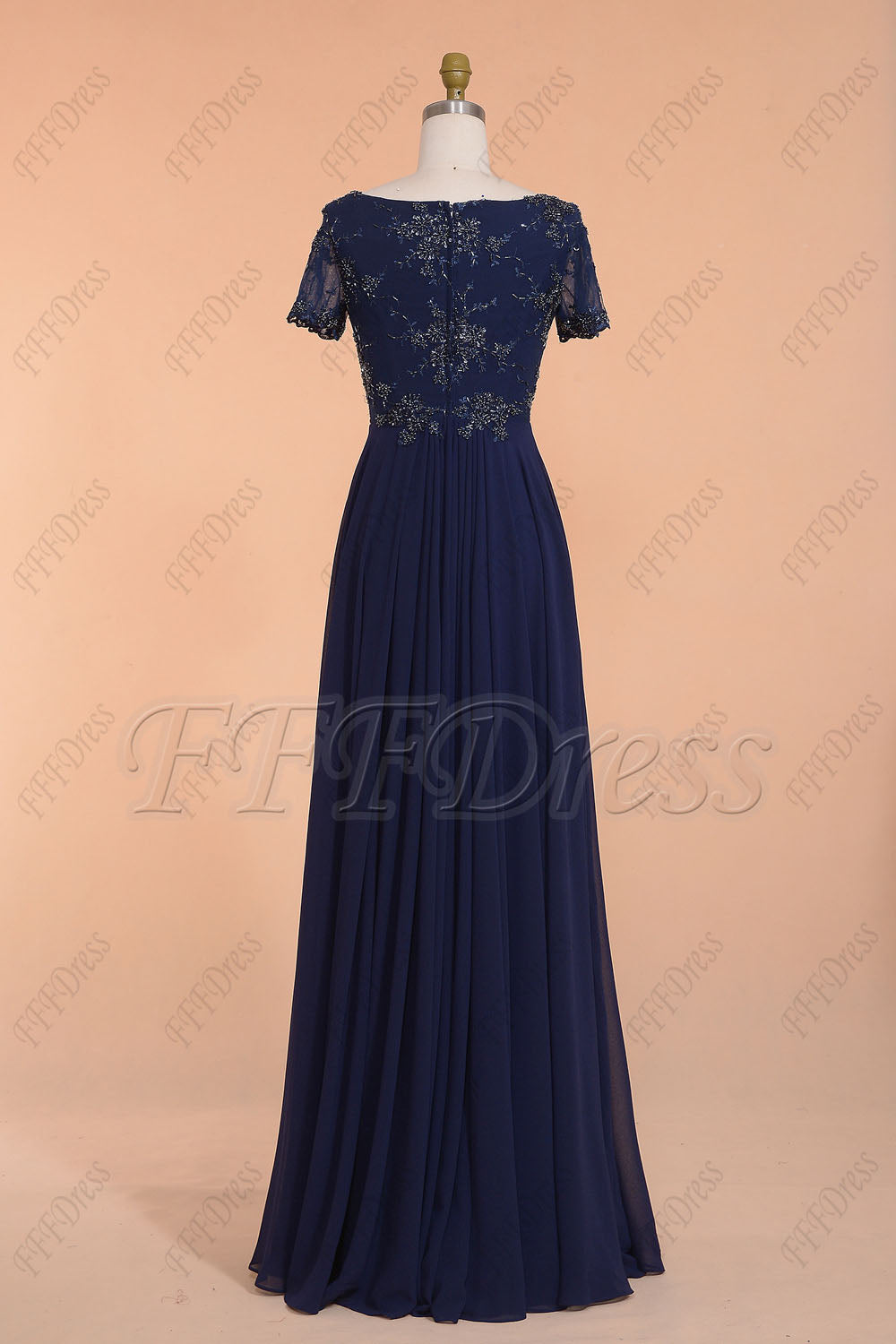 Navy blue modest beaded prom dresses long with sleeves