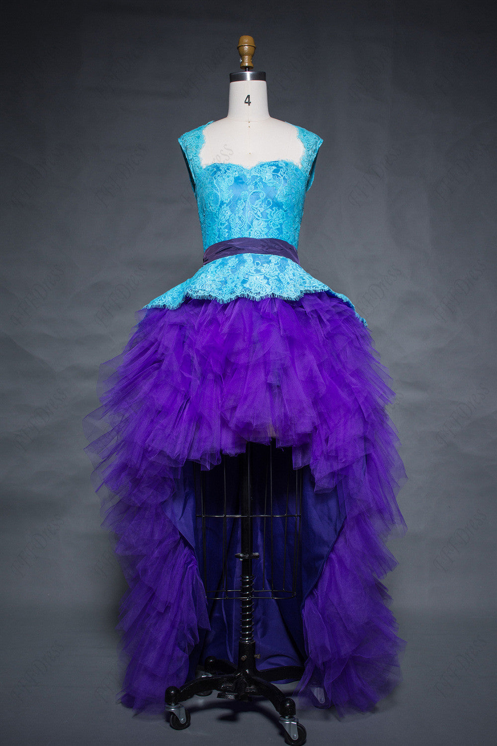 Aqua blue purple lace backless high low prom dresses open back