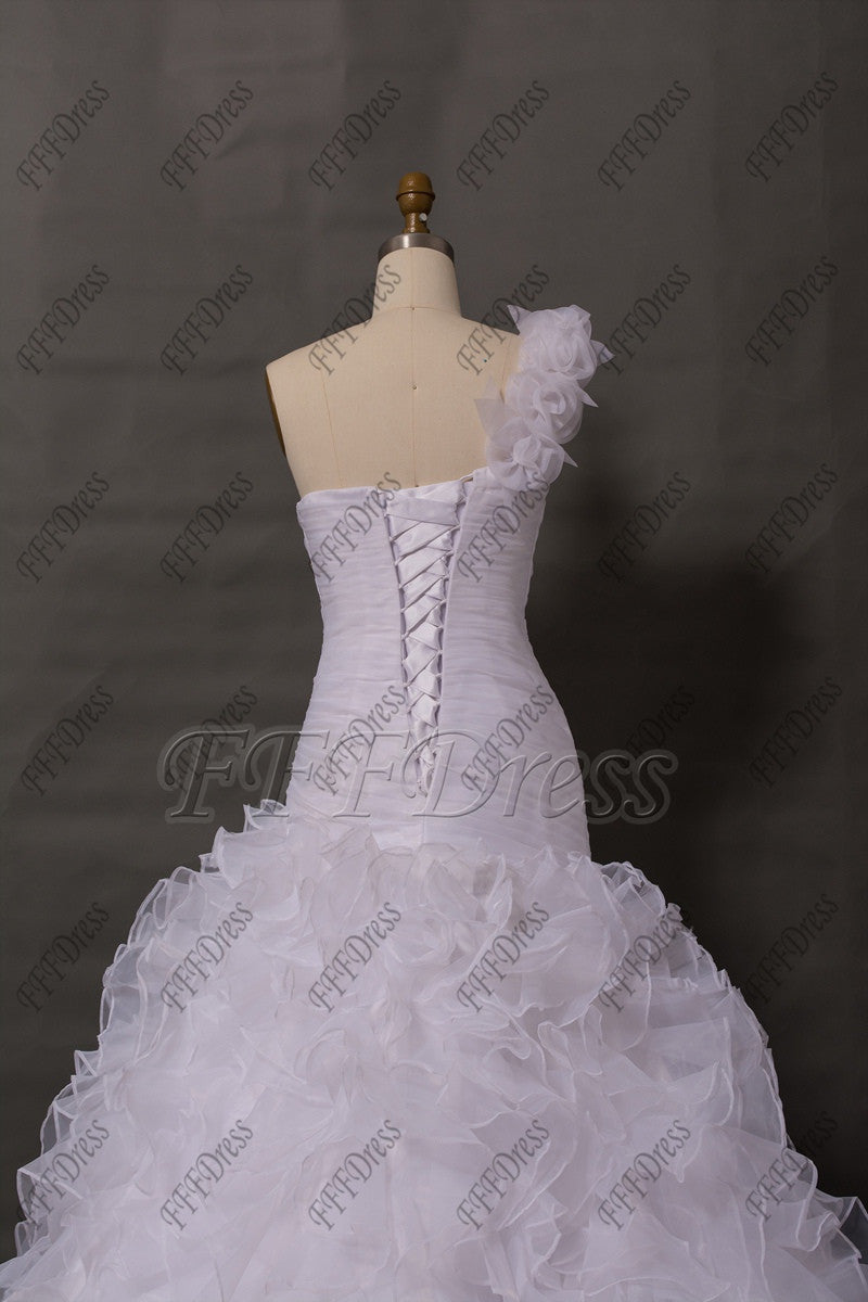 One shoulder white tiered wedding dress
