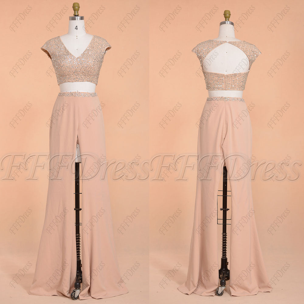 Beaded two piece pants suit prom dress long