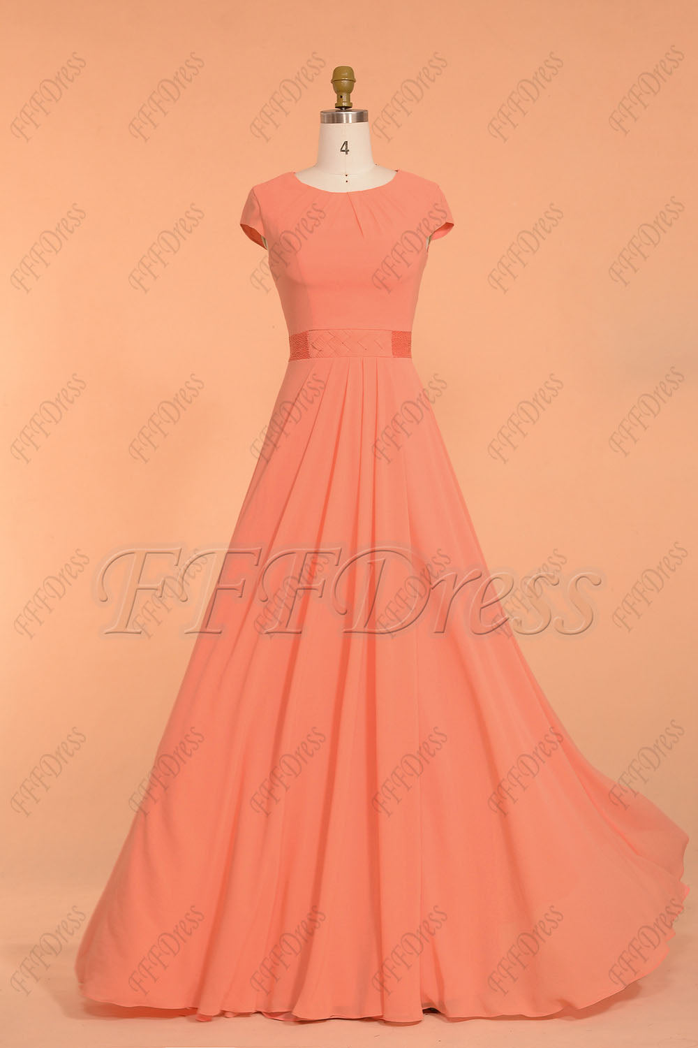 Coral Beaded Ruched Modest Bridesmaid Dresses Long